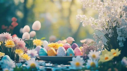 Wall Mural - An enchanting Easter celebration with colorful eggs and spring flowers against a festive garden backdrop, macro shot, Minimalist style