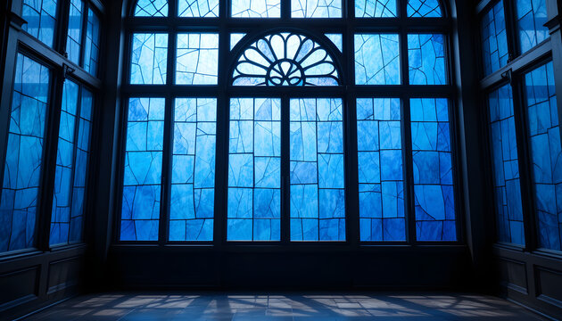 blue stained glass background. vibrant colored window design backdrop. interior design
