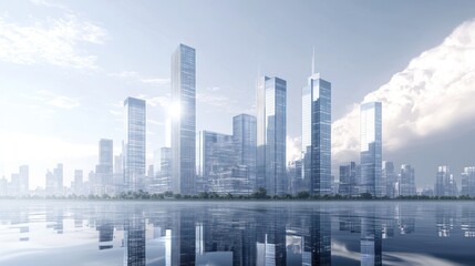 Aufkleber - A modern city skyline reflected in calm water, showcasing sleek skyscrapers and urban design.