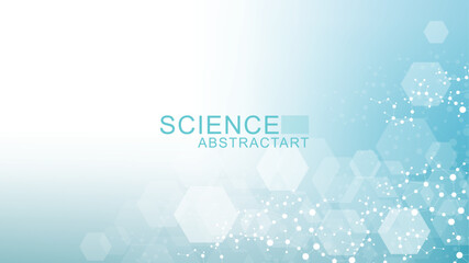 Aufkleber - Modern scientific background with hexagons, lines and dots. Wave flow abstract background. Molecular structure for medical, technology, chemistry, science. Vector illustration