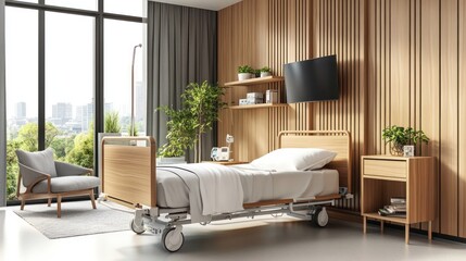 Poster - A modern hospital room featuring a bed, wooden accents, and a view of greenery.