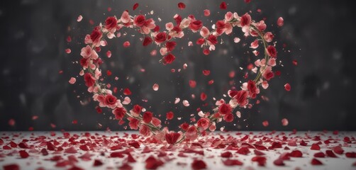 Wall Mural - Falling rose petals create a heart shape, ethereal feel,  shadow, rose petals