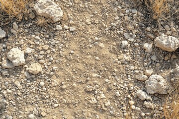 Rocky desert trail with dry grass, top view for backgrounds or textures