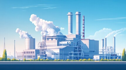 Poster - A modern industrial facility emitting steam and smoke against a clear blue sky.