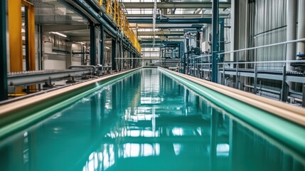 Poster - A modern industrial facility with a long water channel for processing.