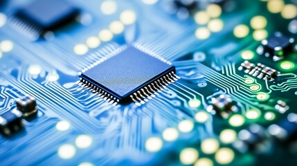 Poster - Blue Tech Circuit Board, Abstract Technology Background with Digital Circuit Patterns, Blurred Focus