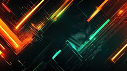 Poster - Abstract black geometric shapes with glowing lights. Green and orange neon arrows. Vector modern background
