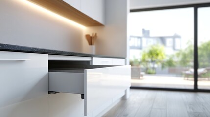 Poster - A modern kitchen with an open drawer, showcasing minimalist design and natural light.