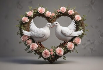 Lovely rose heart with two peaceful doves nested within ,  wedding,  valentine,  birds