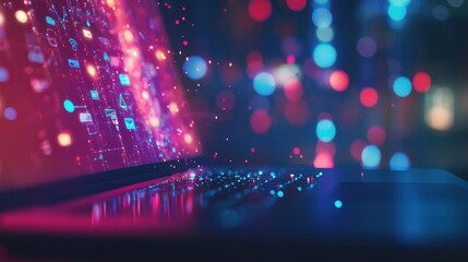 Poster - Close up of notebook on desktop with creative glowing connected people icons on blurry background. Population count and digital transformation concept. Double exposure