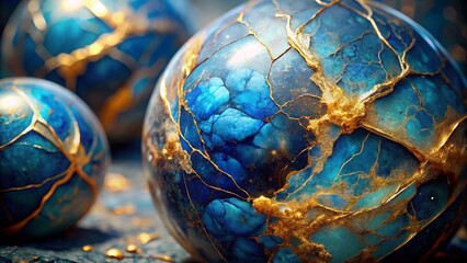 Poster - Blue Gold Marble Texture Cracks Double Exposure Abstract Background