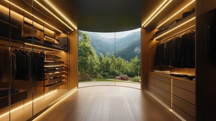 Aufkleber - A modern wardrobe with a scenic mountain view and ambient lighting.