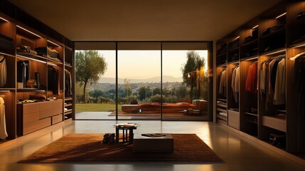 Aufkleber - A modern wardrobe with a view, showcasing clothing and a serene landscape outside.