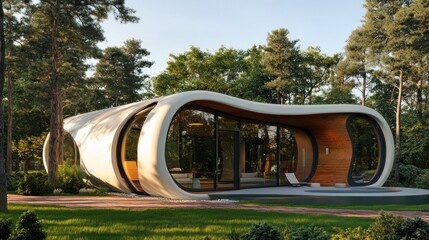 Poster - A modern, curvilinear house nestled in a forest setting, showcasing innovative architecture.