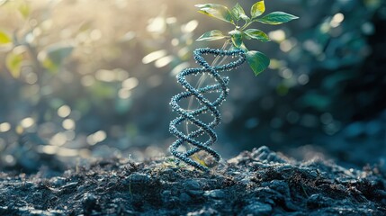 Fototapete - A futuristic depiction of a DNA helix integrated into a growing plant, highlighting synthetic biology concepts.