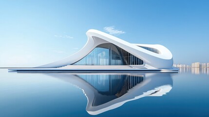 Poster - A modern, futuristic building with a sleek design reflecting in calm water.