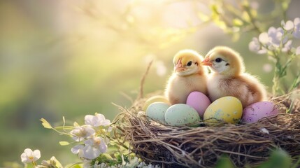 Wall Mural - Two baby chicks sitting in nest with colorful easter eggs and spring flowers