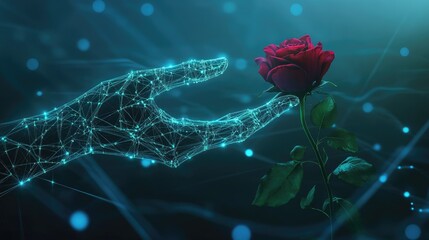 Poster - a glowing digital hand gently cradling a rose in a futuristic blue network landscape.