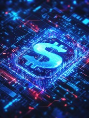 Poster - Glowing digital blue american dollar interface hologram on dark background. Money business and investment concept