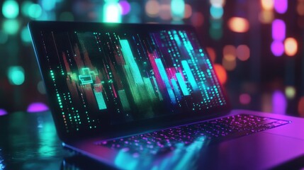 Poster - Close up of laptop with abstract glowing polygonal business chart interface hologram on blurry background. Finance, future and technology concept. Double exposure
