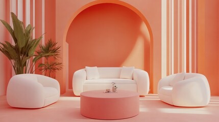 Aufkleber - A modern, minimalist living room featuring soft, rounded furniture in a warm coral palette.