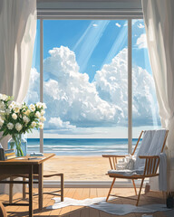 Poster - Oceanfront view through open window with elegant decor and natural lighting