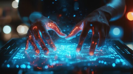 Poster - Close up of hands using digital pad with creative glowing blockchain hologram on blurry desktop background. Cryptocurrency and innovation concept. Double exposure