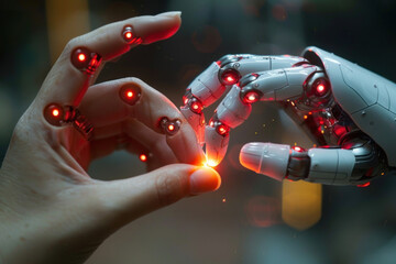 Poster - contact between human and robot. The left side of the image is occupied by a human hand extending its fingers towards the robotic hand located on the right.  