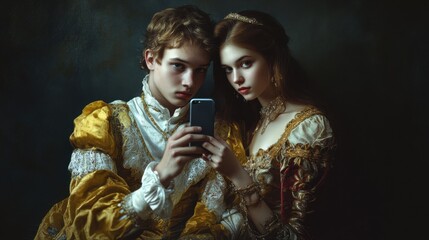 Poster - Take photo for social. Modern remake of classical artwork with modern tech theme - young medieval couple on dark background, golden colored. Concept of technologies, devices, communication, ad.