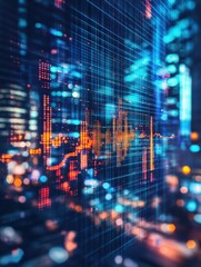 Poster - Abstract glowing forex chart grid and big data hologram on blurry night city background. Trade, technology and finance concept. Double exposure