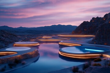 Aufkleber - A futuristic ksar with glowing edges and hovering structures, set by an oasis that emits a radiant blue light in the desert