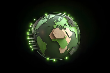 futuristic globe with glowing circuits representing technology and nature, showcasing continents in green and brown tones. design symbolizes connection between earth and technology