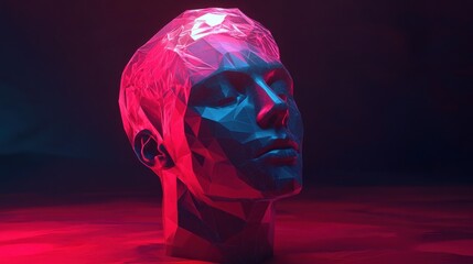 Poster - Abstract polygonal head outline on dark backdrop with mock up place. AI and human mind concept. 3D Rendering
