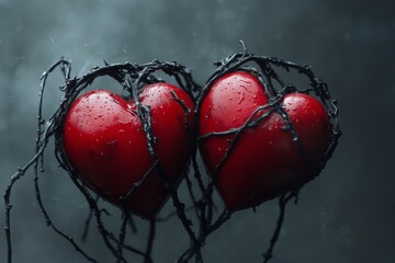 Aufkleber - A haunting depiction of two bleeding hearts intertwined with dark vines, set against a stormy grey background