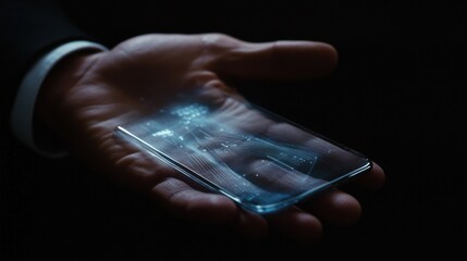 Poster - business, statistics, people and future technology concept - close up of businessman hand with charts on transparent smartphone screen and virtual projections over black background