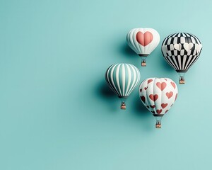 Poster - Vibrant hot air balloons adorned with Valentinethemed hearts floating serenely in a cloudless sky