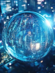 Poster - Creative glowing sphere hologram on blue city background. Metaverse and future concept. Double exposure
