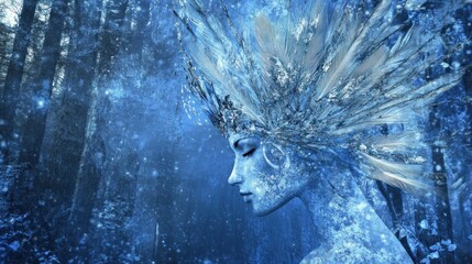 Aufkleber - A mystical figure with icy features, surrounded by a blue forest atmosphere.