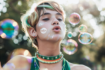 Wall Mural - Young woman blowing bubbles outdoors with glitter makeup and vibrant style in a sunny setting.