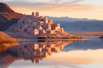 Poster - A hyper-realistic view of a ksar by an oasis, with intricate details on the mudbrick walls, clear reflections in the water, and golden desert light