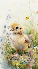 Wall Mural - A Fluffy Chick Amidst Wildflowers In A Meadow