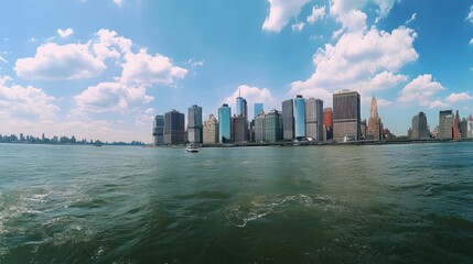 Poster - A panoramic view of a city skyline with water in the foreground and clouds above.