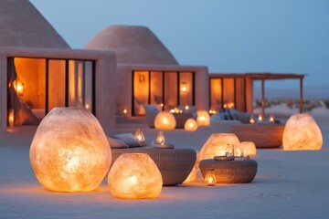 Poster - A magical ksar surrounded by glowing orbs and mystical creatures, with its walls radiating a soft golden light under a vivid desert moon