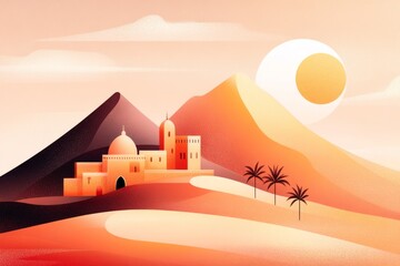 Poster - A minimalist depiction of an oasis ksar, with simple geometric shapes representing the buildings and palm trees