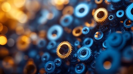 Aufkleber - Dynamic abstract design featuring gears and cogs in vivid blue and yellow hues for a motion effect