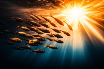 Poster - A school of krill swimming in a deep blue ocean, creating a mesmerizing pattern as light filters through the water