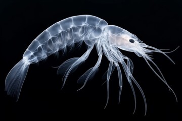 Poster - A simple line art depiction of a single krill, with clean, geometric shapes and translucent detailing