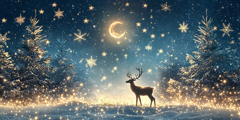 Wall Mural - magical winter scene featuring majestic deer under glowing moon, surrounded by sparkling snowflakes and evergreen trees, creating serene and enchanting atmosphere