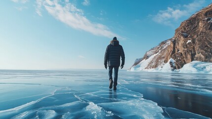 Poster - A person walking on an icy surface near a rocky coastline under a clear blue sky.