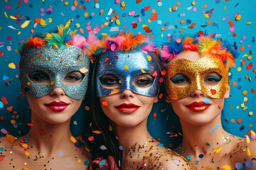 Wall Mural - Three women wearing colorful, feathered masks celebrate carnival by throwing confetti